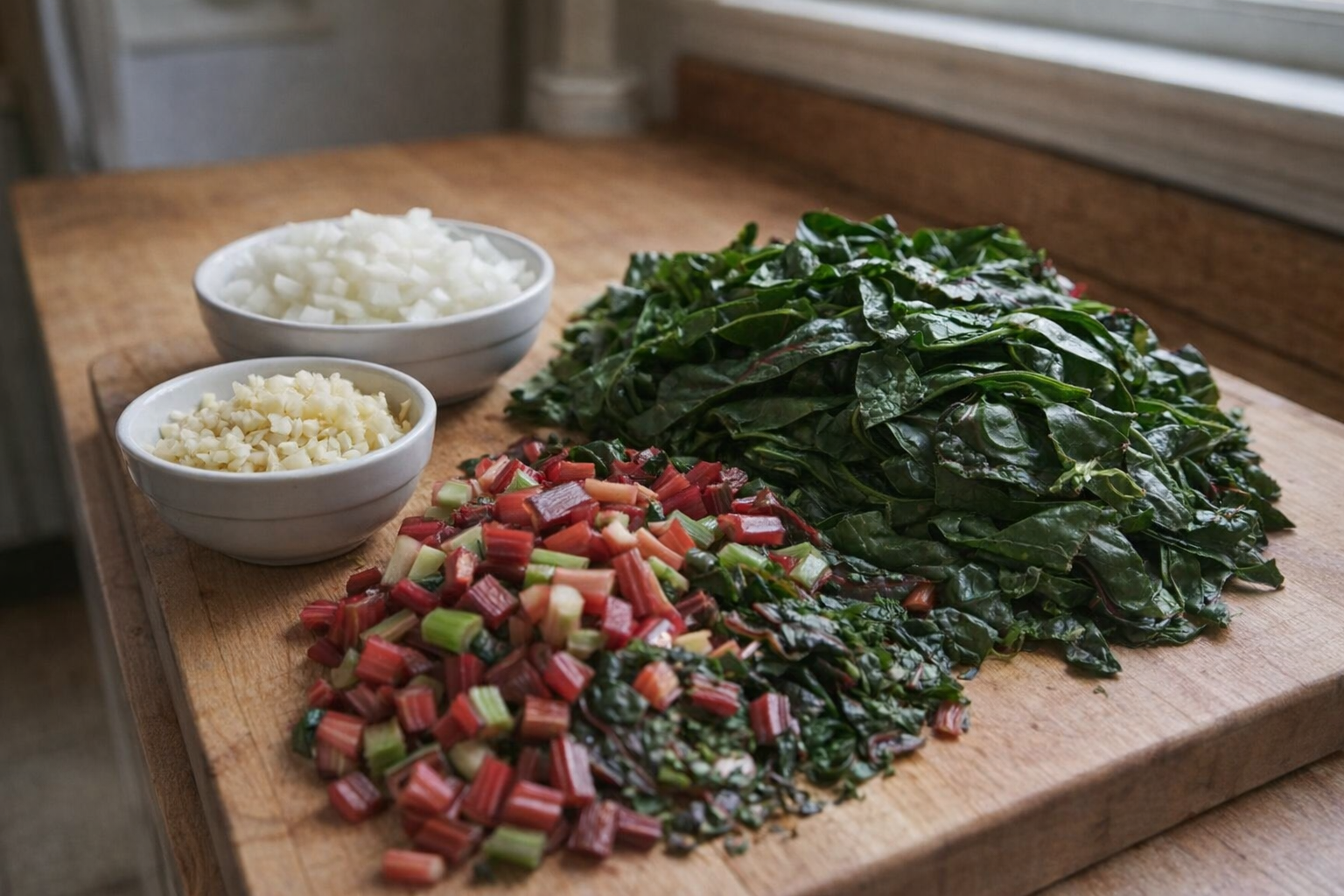 A close-up shot of chopped Swiss chard stems and ribbons of leaves on a wooden cutting board, alongside diced onion and minced garlic in small bowls. Natural daylight.